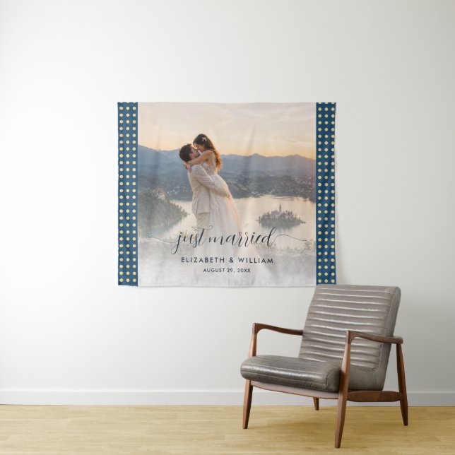Gold & Blue Polka Dot Personalized wedding Tapestry (In Situ (Horizontal))