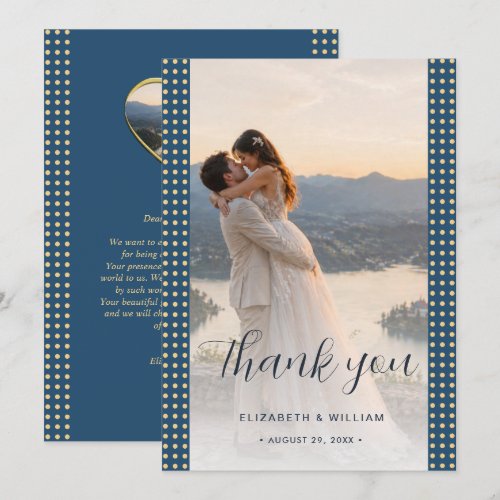 Gold & Blue Polka Dot Personalized wedding Thank You Card