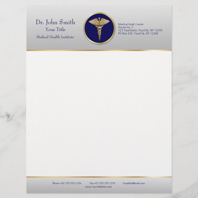 Gold Blue Professional Medical Caduceus Letterhead (Front)