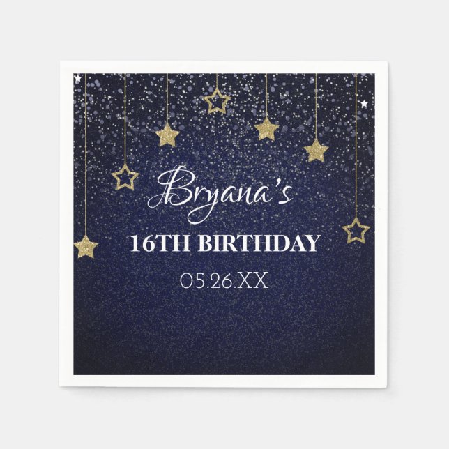 Gold Blue Prom Under Stars Starry Night Birthday Napkins (Front)