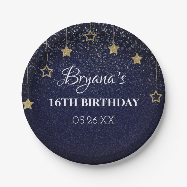 Gold Blue Prom Under Stars Starry Night Birthday Paper Plates (Front)