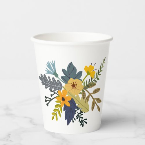 Gold blue purple bouquet of summer flowers paper cups