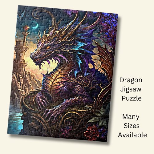 Gold Blue Purple Dragon With Tower Jigsaw Puzzle