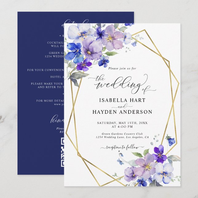 Gold Blue Purple Floral All In 1 QR Code Wedding Invitation (Front/Back)