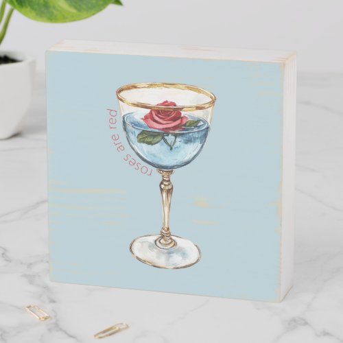 Gold Blue Red Rose Flower Glass Drink Wooden Box Sign