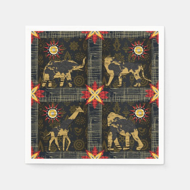 Gold Blue Red Safari World Map African Animals Napkins (Front)