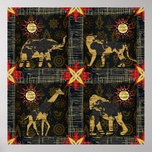 Gold Blue Red Safari World Map African Animals Poster