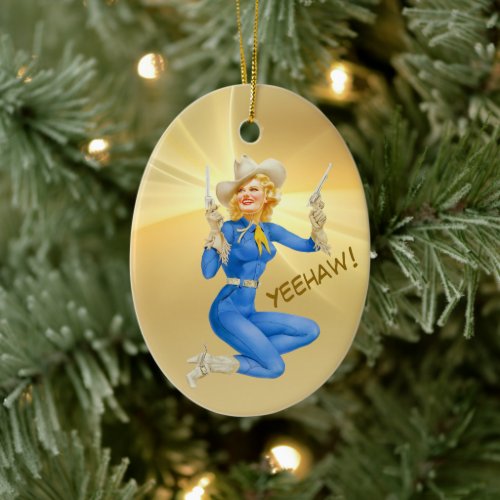 Gold Blue Retro Cowgirl Pinup New Year Ceramic Ornament