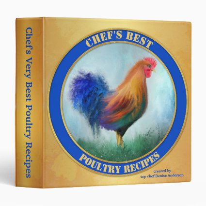 Gold Blue Rooster Art Personalized Recipe Binder
