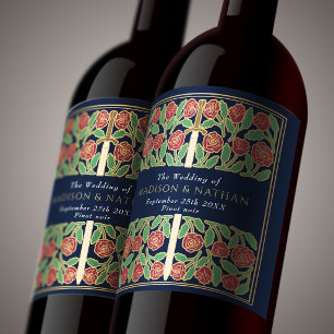 Gold Blue Royal Medieval Floral Sword Wedding Wine Label