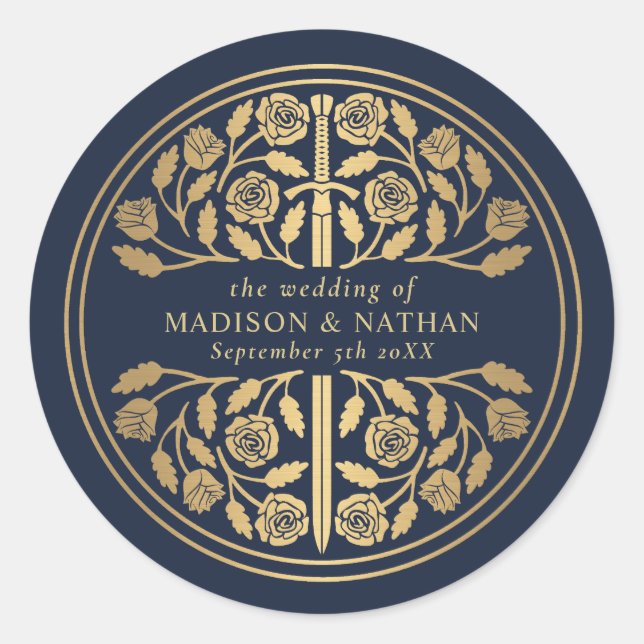 Gold Blue Royal Medieval Sword Wedding  Classic Round Sticker (Front)