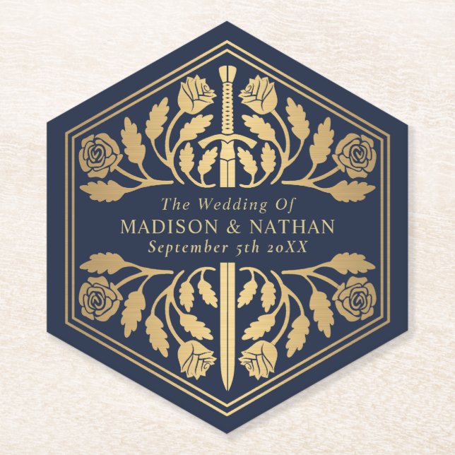 Gold Blue Royal Medieval Sword Wedding Paper Coaster (Front)