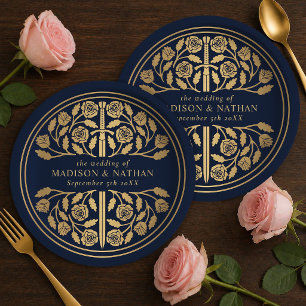 Gold Blue Royal Medieval Sword Wedding Paper Plates