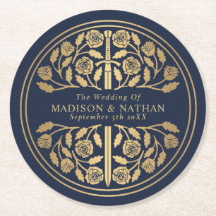 Gold Blue Royal Medieval Sword Wedding Round Paper Coaster