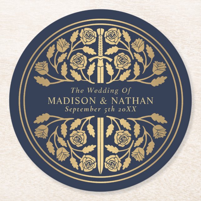 Gold Blue Royal Medieval Sword Wedding Round Paper Coaster (Front)