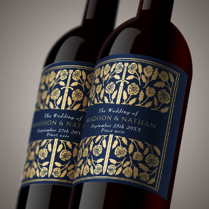 Gold Blue Royal Medieval Sword Wedding Wine Label