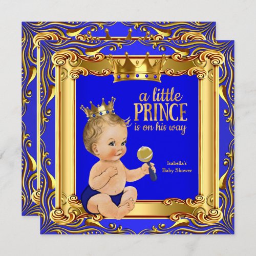 Gold Blue Royal Prince Baby Shower Blonde Baby Boy Invitation