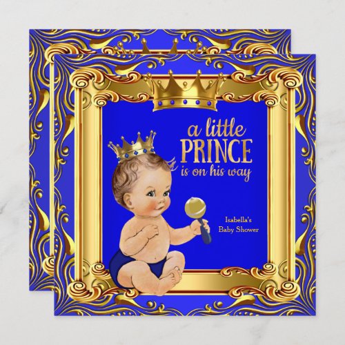 Gold Blue Royal Prince Baby Shower Brunette Boy Invitation