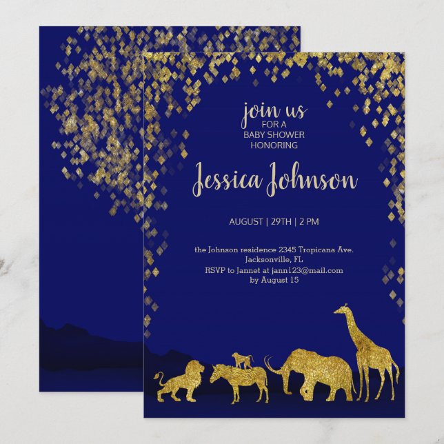Gold & Blue Safari Baby Shower Invitation (Front/Back)