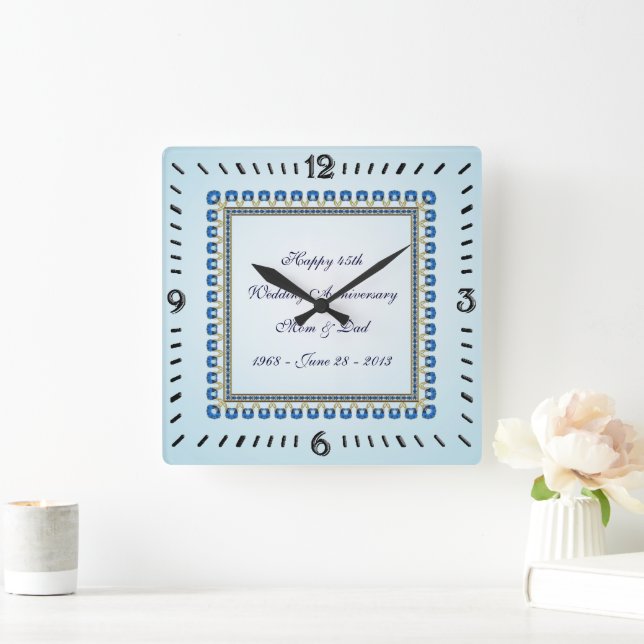 Gold Blue Sapphire 45th Wedding Anniversary Square Wall Clock (Home)