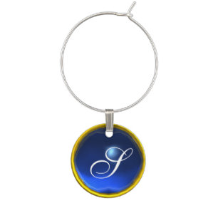 GOLD BLUE SAPPHIRE GEM MONOGRAM WINE GLASS CHARM