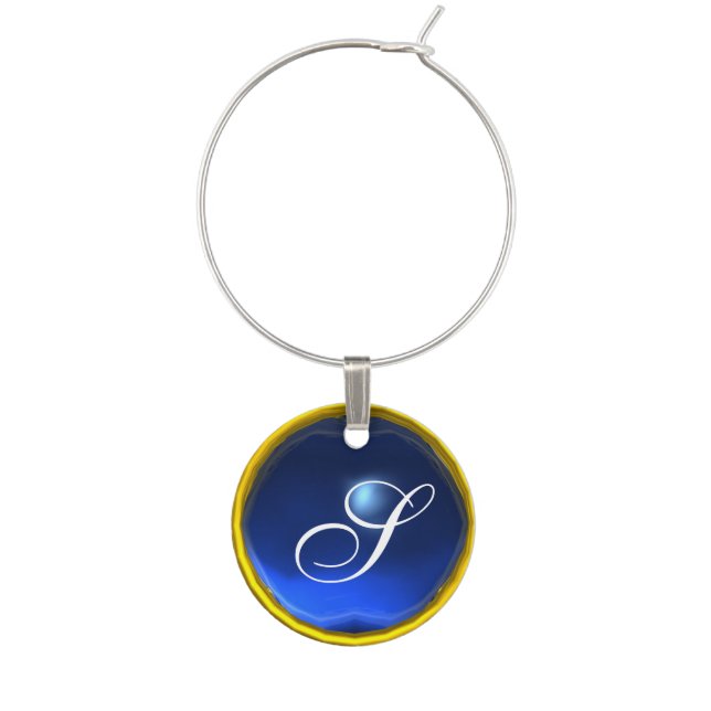 GOLD BLUE SAPPHIRE GEM MONOGRAM WINE GLASS CHARM (Front)