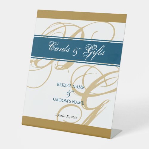 Gold Blue Script Monogram Wedding Cards  Gifts  Pedestal Sign
