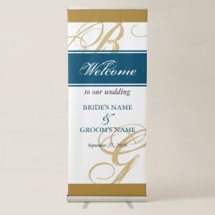 Gold Blue Script Monogram Wedding Welcome Sign