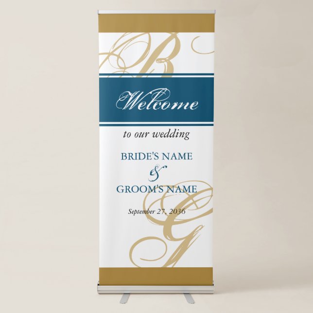 Gold Blue Script Monogram Wedding Welcome Sign (Front)