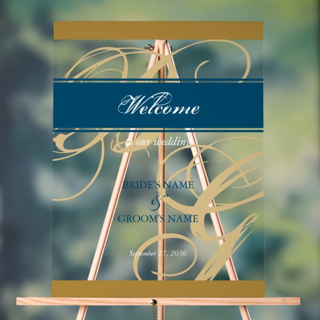 Gold Blue Script Monogram Wedding Welcome Sign (Neutral)
