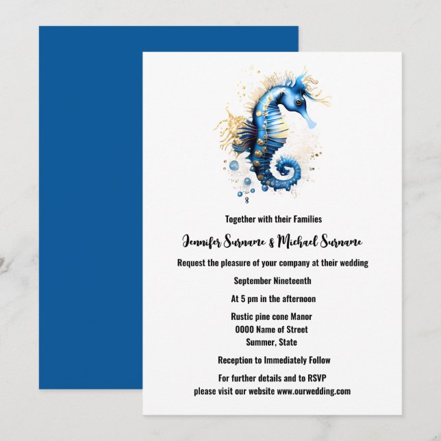 Gold blue seahorse fantasy beach coastal chic invitation (Front/Back)