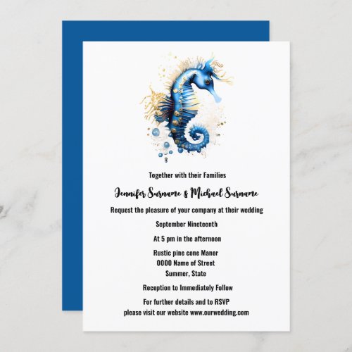 Gold blue seahorse fantasy beach coastal chic invitation