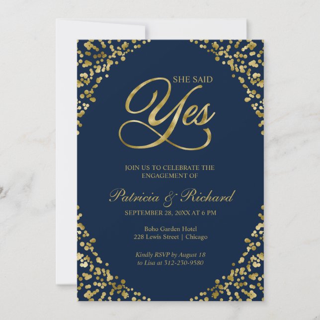 Gold Blue She Said Yes Engagement Party Invitation (Front)