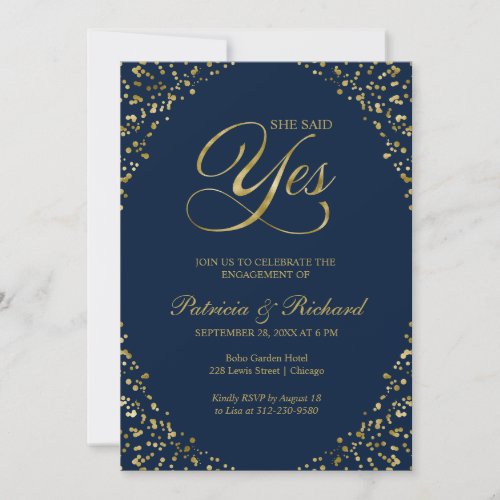 Gold Blue She Said Yes Engagement Party Invitation