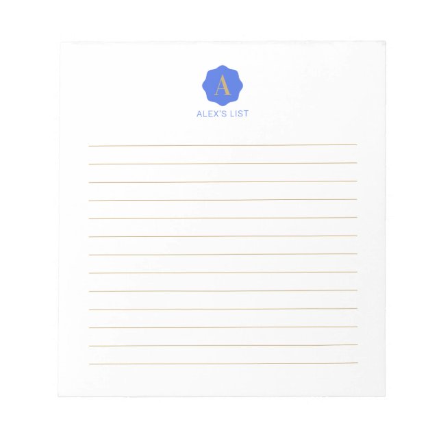 Gold & Blue Simple Modern Monogram Personalized Notepad (Front)