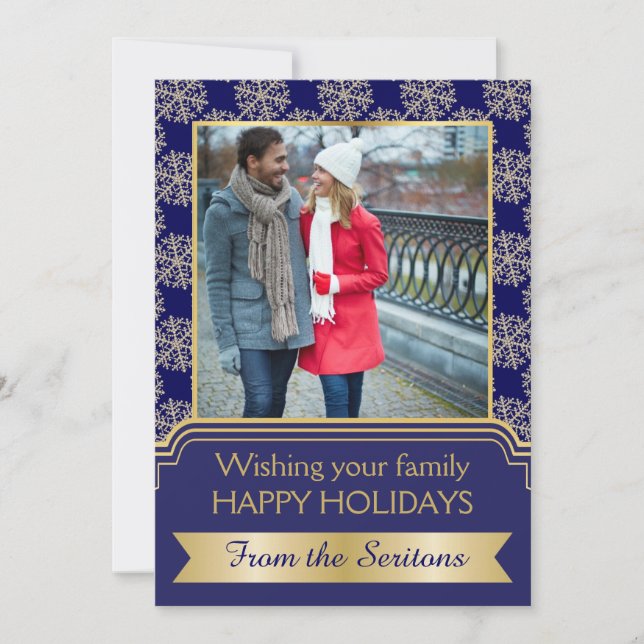 Gold, blue snowflake and frame Christmas Groupon Holiday Card (Front)