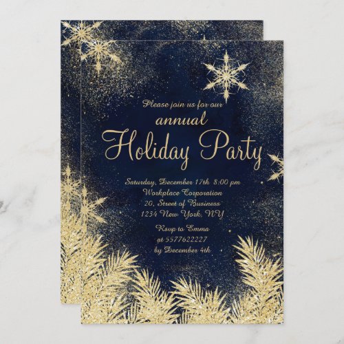 Gold blue snowflake winter corporate holiday invitation