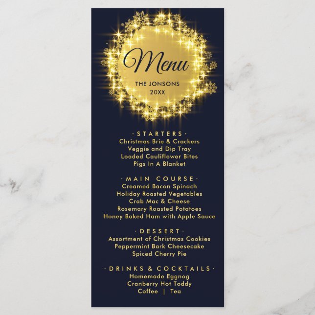 Gold Blue Sparkle Christmas Holiday Dinner Menu (Front)