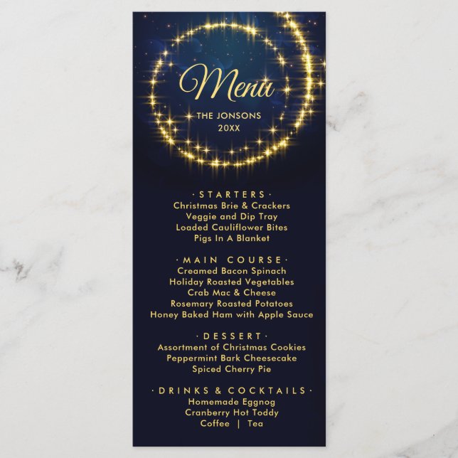 Gold Blue Sparkle Christmas Holiday Dinner Menu (Front)