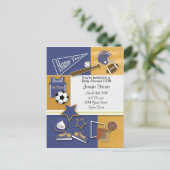 Gold & Blue Sports Baby Shower Postcard Invitation (Standing Front)