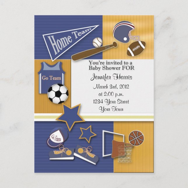 Gold & Blue Sports Baby Shower Postcard Invitation (Front)