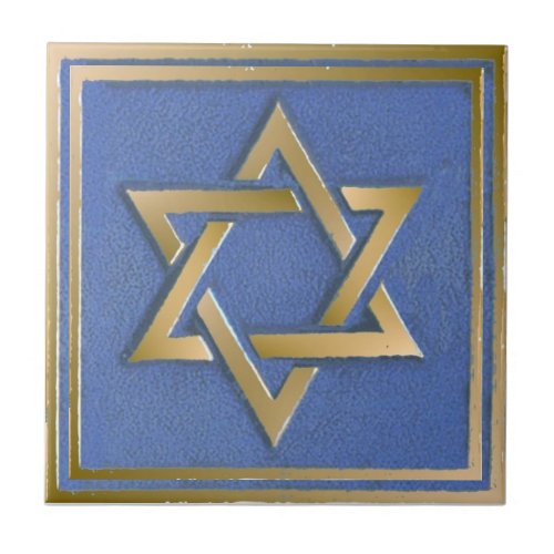 Gold Blue Star of David Art Panel Ceramic Tile