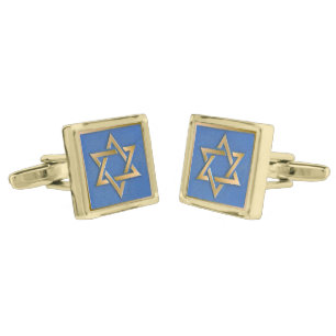 Gold Blue Star of David Art Panel Cufflinks