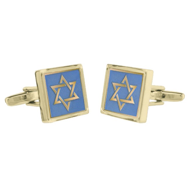 Gold Blue Star of David Art Panel Cufflinks (Angled)
