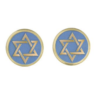 Gold Blue Star of David Art Panel  Cufflinks