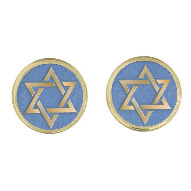 Gold Blue Star of David Art Panel  Cufflinks (Front)