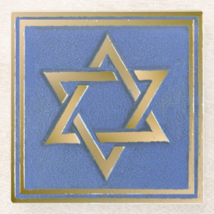Gold Blue Star of David Art Panel Glass Coaster