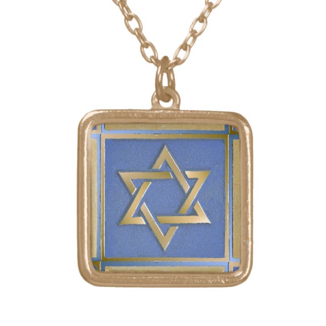 Gold Blue Star of David Art Panel Gold Plated Neck Gold Plated Necklace (Front)