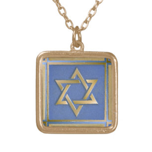 Gold Blue Star of David Art Panel Gold Plated Neck Necklace