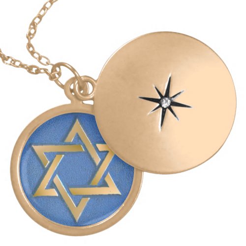 Gold Blue Star of David Art Panel   Gold Plated Necklace